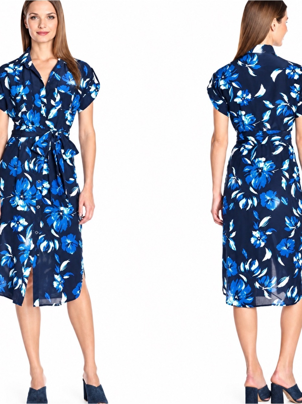 Yumi Kim Silk Navy Blue Floral Tie-Waist Midi Dress